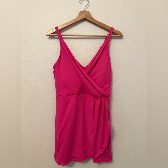 Lands’ End SlenderSuit Swim Dress One Piece Wrap V-Neck Hot Pink M 10-12